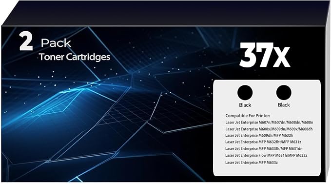 37X Toner Cartridges Replacement Enterprise M607, M608, M609 Series for HP 37X 37A Toner (with Chip) CF237X CF237A Works for Enterprise MFP M631, M632, M633 Series Printer 2Pack(2BK)