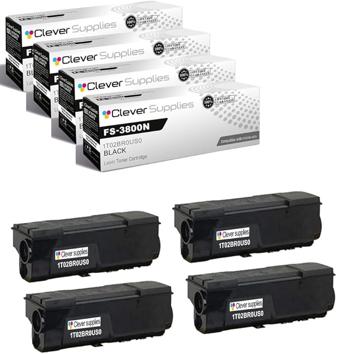 Clever Supplies CS Replacement Compatible with Kyocera FS 3800N Toner Cartridge 1T02BR0US0 to use with FS-1800 FS-1800N FS-1900 FS-1900N (Black, 4-Pack)