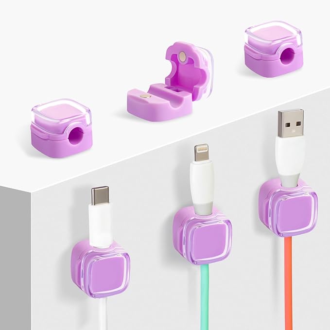 Magnetic Cable Clips Cord Organizer Holder, 6 Pack Adhesive Wire Holder Keeper Organizer USB Charging Cable Storage Holder for Home Office Phone Car Wall Desktop Nightstand Kitchen (Purple)