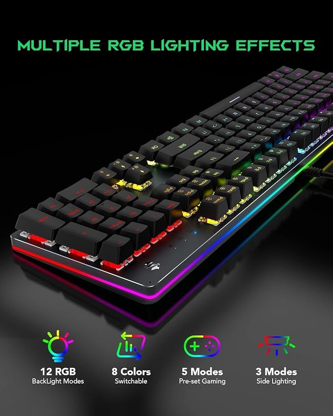 Black Shark RGB Mechanical Gaming Keyboard LED Backlit Wired Keyboard with Red Switches, Fully Programmable, Anti-Ghosting 104 Keys for Desktop PC, Sixgill K2