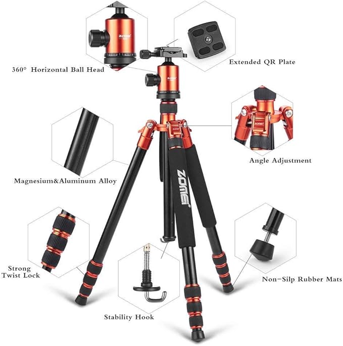 ZOMEI Heavy Duty Camera Tripod Travel Z818 Aluminium Alloy Monopod with 360 Panorama Ball Head Quick Release Plate(Orange)