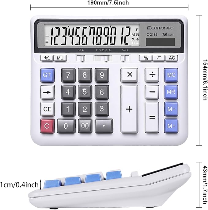 Comix Desktop Calculator Solar Battery Dual Power with 12-Digit Large LCD Display and Large Computer Keys Standard Function Calculator for Home Office School, White(2 Pack)
