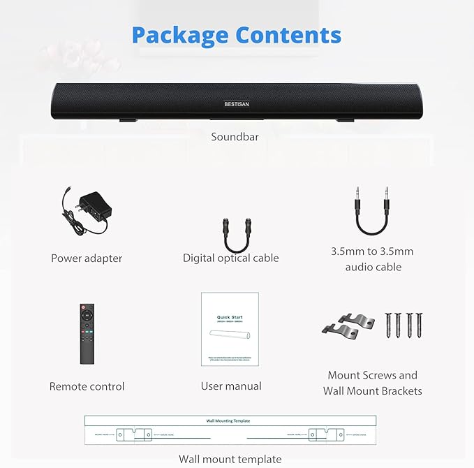 BESTISAN 80 Watt Soundbar, Sound Bars for TV of Home Theater System (Bluetooth 5.0, 34 inch, DSP, Strong Bass, Wireless Wired Connections, Bass Adjustable, Wall Mountable)