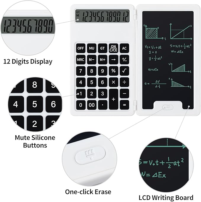 Desk Portable Basic Calculator with Notepad and Stylus, 12 Digit Large Display Multi-Function for Office, School, Home & Basic Financial (White)