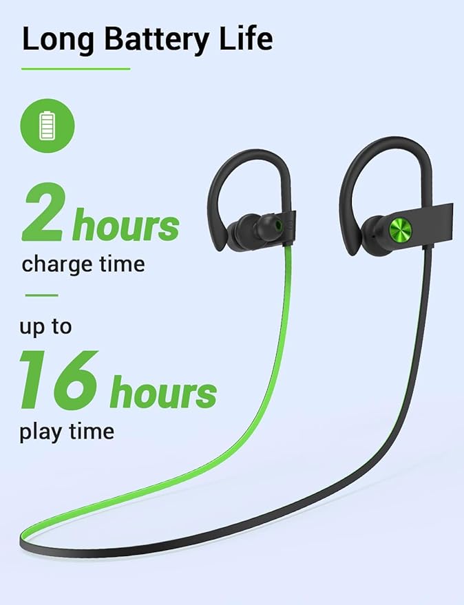 Stiive Bluetooth Headphones, 5.3 Wireless Sports Earbuds IPX7 Waterproof with Mic, Stereo Sweatproof in-Ear Earphones, Noise Cancelling Headsets for Gym Running Workout, 16 Hours Playtime - GreenBlack
