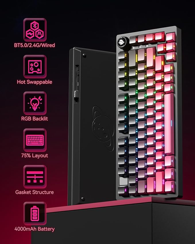 Wireless Mechanical Keyboard,75% Gasket Hot Swappable Custom Keyboard with Knob, 2.4GHz/USB-C/BT5.0 Mechanical Gaming Keyboards for PC/MAC/Windows - Seiya Switch, Black Pink (HI75C Pro)