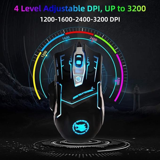 RGB Light up Wired Gaming Mouse for Computer - Durable USB Led Laptop Mice w/ 7 Color Backlit, 4 Adjust DPI Up to 3200 for Gaming, Silent & Stable PC Corded Mouse for Mac MacBook Windows Linux PS4