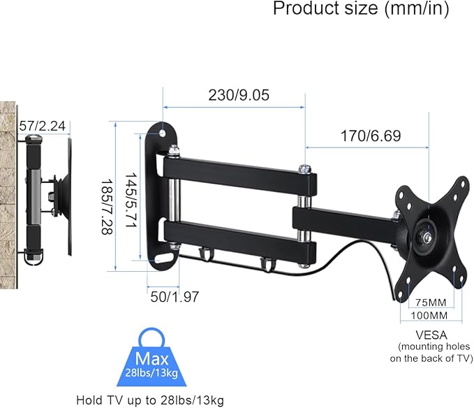 Suptek TV Wall Mount Swivel Tilt Rotation Full Motion Adjustable Articulating for Most 15-32 inch LED, LCD Monitor Wall Mount VESA 75,100, 2 Packs (MA2720-2)