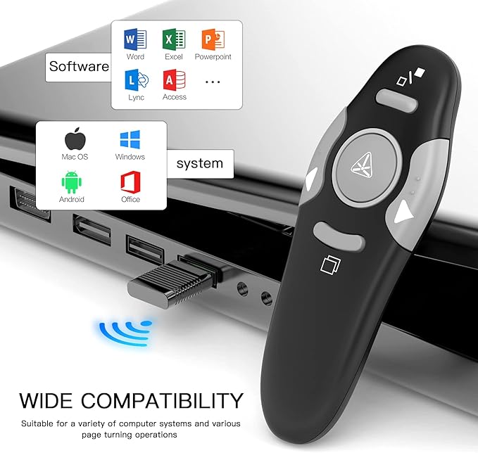 QUI Presentation Clicker Wireless Presenter Remote Clicker for PowerPoint Presentation Remote, PowerPoint Slide Advancer for Mac/Windows/Linux, Google Slide/PPT/Keynote, USB, Black