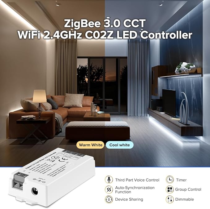 BTF-LIGHTING Tuya Zigbee 3.0 C02Z Controller Support CCT Color 3 pin (+V CW WW) PWM LED Strip Bulb Compatible with Echo Plus/4th Gen Tuya Gateway DC5V/DC12V/DC24V Max 15A