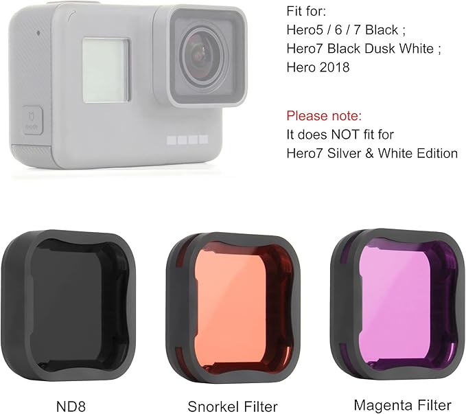 3 Pack Camera Lens Filter Set for GoPro Hero 5/6/7 Black/Hero (2018) Cameras, ND8 Filter Dive Filters(Light Red and Magenta Filter) - Used on Camera Lens Directly