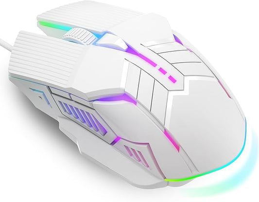 Wired Gaming Mouse - Lightweight USB Optical Computer Mice with 7-Color RGB LED Lights, 4 Adjustable DPI (1200-3200), 6 Buttons, Ergonomic Design for Windows 7/8/10/XP/Vista & Linux (White)