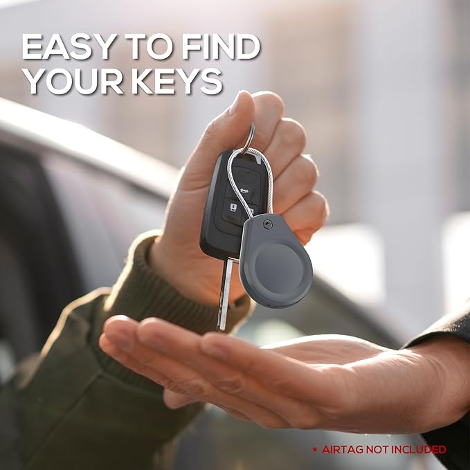 Waterproof AirTag Keychain Holder - (4 Pack) Air tag Lock Case with Wire Cable Compatible with Apple AirTags, Ultra Durable Anti-Lost Protective Case with Keyring for Luggage, Backpack, Black/Grey