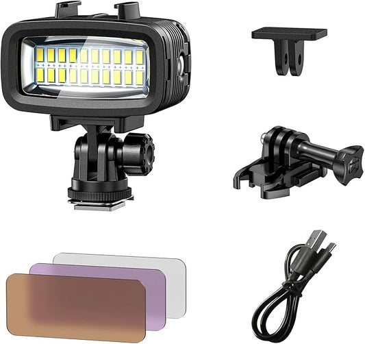 Diving Video Light Waterproof 131FT/40M with Hot Shoe Adapter 3 Color Filters Led Camera Fill Lights Underwater Photography Lighting for Gopro Nikon Sony Canon Fujifilm(SL-100)