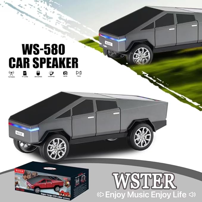 WS-580 Bluetooth Pickup Truck Replica Portable Speaker,with Display Screen,HD Sound, TWS Pairing, FM Radio,Built-in Microphone Hands-Free Calling, LED Party Light, Surprise Gift for Car Lovers(Gray)