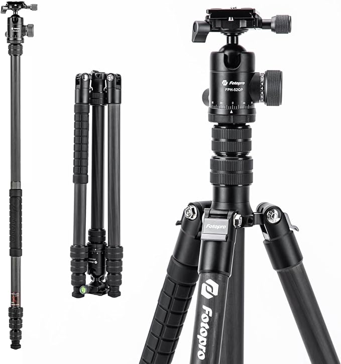 Fotopro 73" Carbon Fiber Tripod for Camera, Compact Travel Tripod with Ball Head, Detachable Monopod with Quick Release Plate and Camera Bag, Load up to 22lbs/10KG