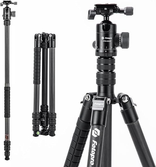 Fotopro 73" Carbon Fiber Tripod for Camera, Compact Travel Tripod with Ball Head, Detachable Monopod with Quick Release Plate and Camera Bag, Load up to 22lbs/10KG