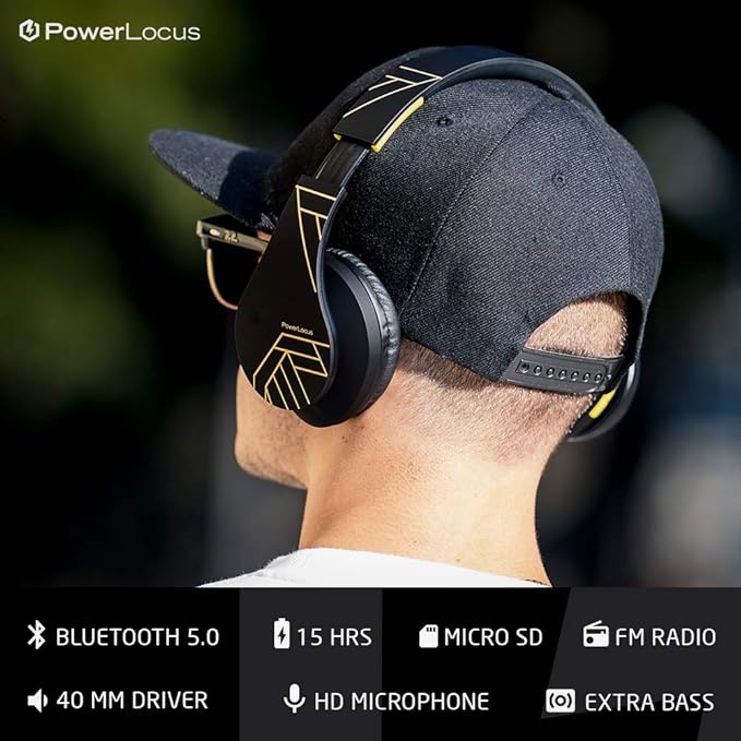 PowerLocus Bluetooth Over-Ear Headphones, Wireless Stereo Foldable Headphones Wireless and Wired Headsets with Built-in Mic, Micro SD/TF, FM for iPhone/Samsung/iPad/PC (Black/Yellow)