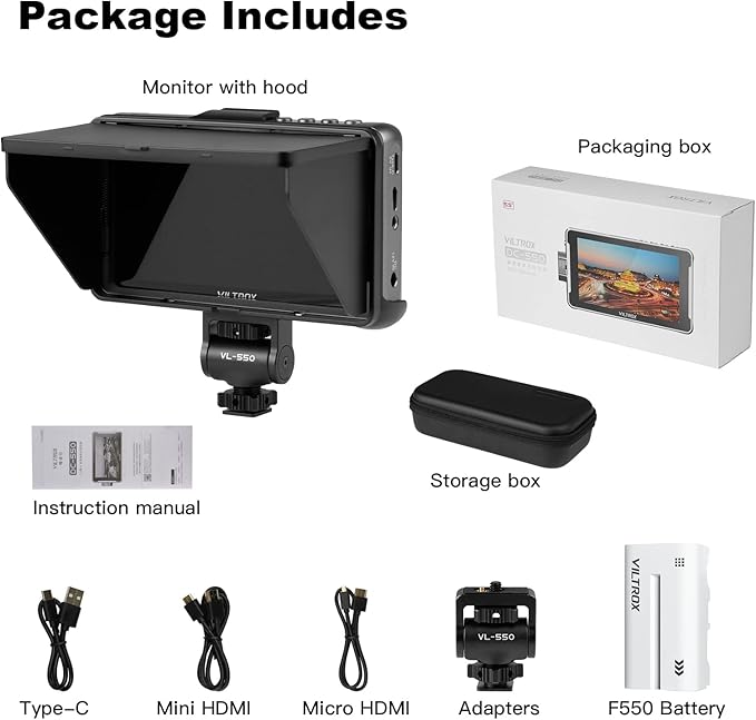 VILTROX DC 550 5.5" Camera Field Monitor for DSLR Touchscreen Camera Monitor 4K with Sunshade Hood Video Monitors for Sony Canon Nikon 3D LUT HDR 4K HDMI in and Out Exposure Focus Assist Waveform