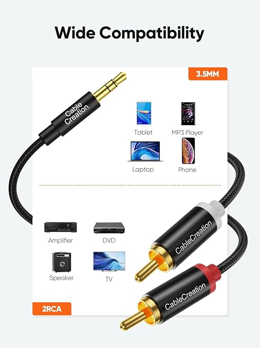 CableCreation RCA to 3.5mm Audio Cable 10FT, 3.5mm Male to 2RCA Male Stereo Y Splitter HiFi Sound Audio Cord Compatible with Echo Dot, Smartphone, MP3, Tablet, Stereo Receiver, Car, Speaker, HDTV