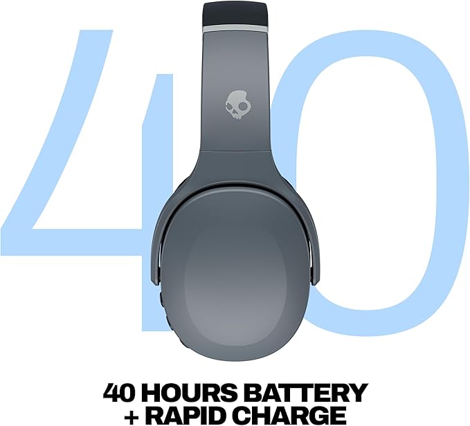 Skullcandy Crusher Evo Wireless Bluetooth Headphones with Multi-Sensory Bass, Noise Isolating Over-Ear Fit, Up to 40 Hours Battery, Microphone for iPhone Android - Chill Grey