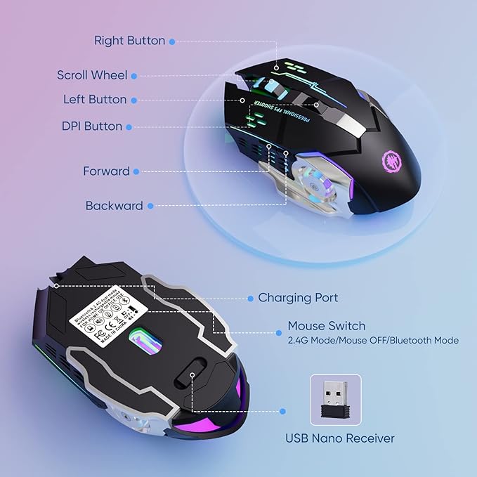 Wireless Gaming Mouse Bluetooth Mouse RGB Rechargeable 2.4G USB Cordless Computer Mice with 7 Color Backlit, 6 Buttons & Silent Click for Laptop, iPad, Mac OS, PC, Windows -Black