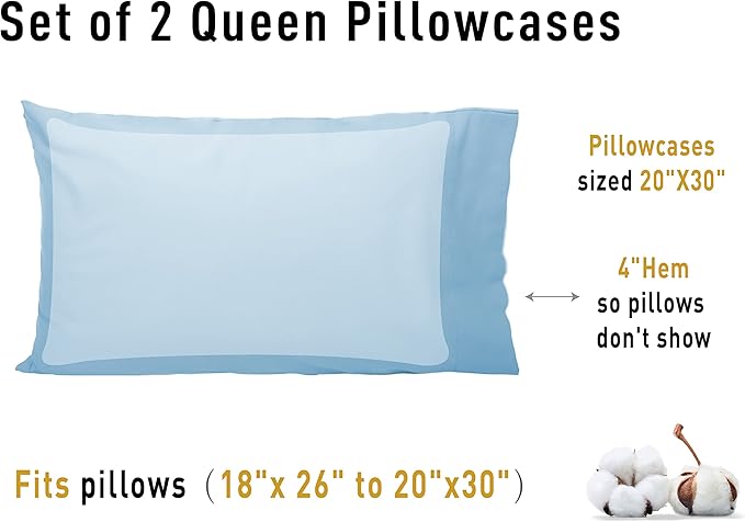 Sunflower Queen Pillowcases Set of 2, 100% Cotton Queen Pillow Cases 2, 20×30 inches Ashley Blue, Soft and Breathable