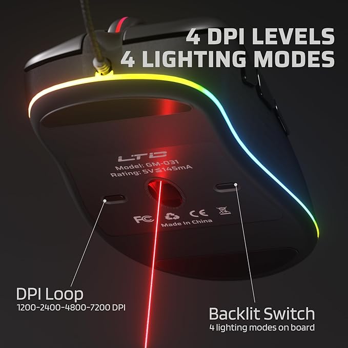LTC GM-031 Wired Gaming Mouse, 7200 DPI Adjustable, 6 Programmable Macro Buttons, 4 RGB Backlit Mode, Ergonomic Shape, Software Support for Customization, Black