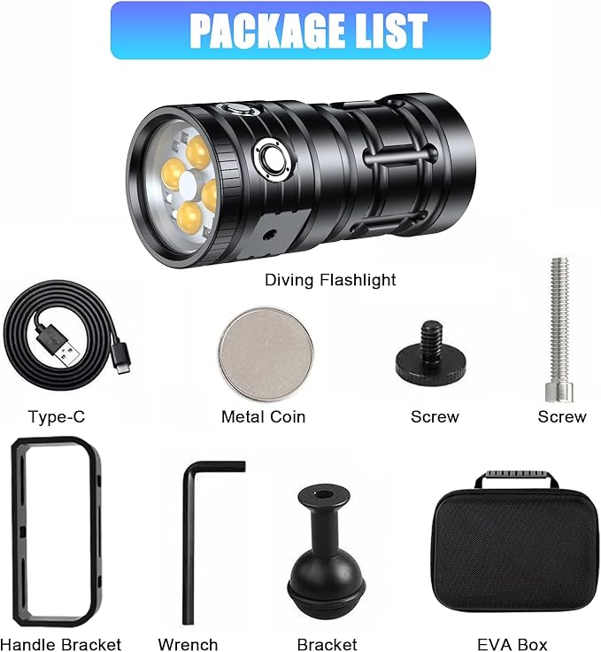 Dive Light for Underwater Photography, 5500Lumens Super Bright Diving Flashlight, 100M Waterproof Underwater Video Light with Type-C Charging, Professional for Underwater Lighting