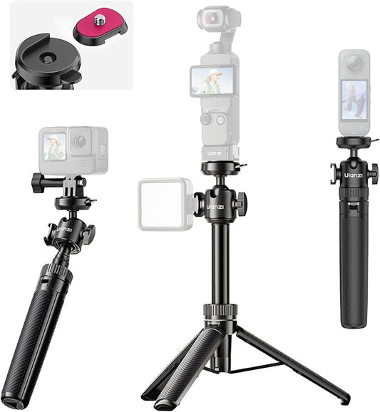 ULANZI MT90 Tripod Selfie Stick Vlog Stand with Cka Quick Release w Ballhead w Cold Shoe, Camera Desktop Tripod Handle Grip for GoPro Hero, Insta360, DJI Osmo Pocket/Action/360, Small Cameras