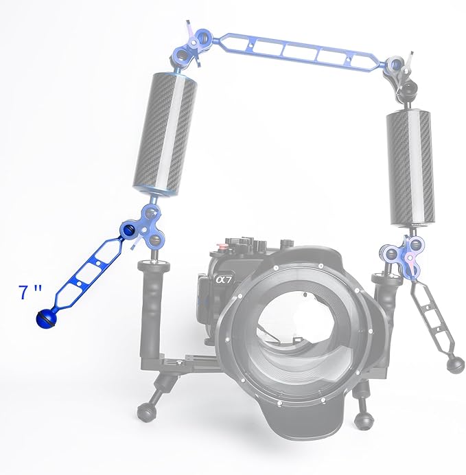 Blue 7" Underwater Aluminum Alloy Extension Arm (2-Pack) - Dual Ball System with 1" Head Connector, Waterproof & Rustproof for Diving Camera Tray/Strobe/Video Light, Scuba Photography Gear