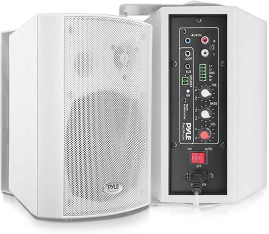 Pyle Wall Mount Home Speaker System - Active Passive Mountable Bookshelf Indoor Studio Garage Patio Stereo Sound Home Theater, Wireless Bluetooth Speaker Set W/Aux & RCA, White