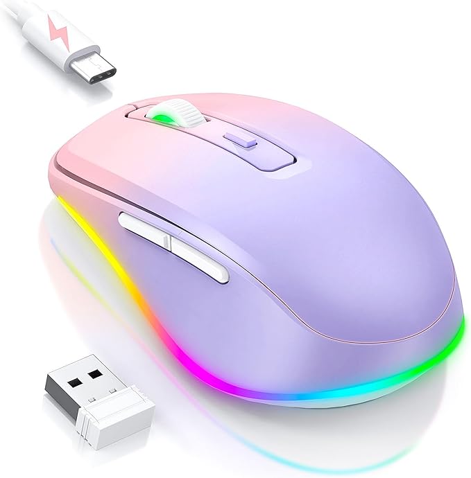 Wireless Mouse Jiggler - LED Wireless Mice with Build-in Mouse Mover, Rechargeable Moving Mouse for Laptop with Undetectable Random Movement Keeps Computers Awake - Purple to Pink