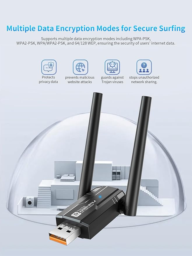 USB WiFi 6 Adapter with Bluetooth 5.4 Dual Band 2.4/5GHz, AX900Mbps USB Wireless Network Adapter with 5dBi Antenna for Desktop/Laptop, 802.11ax, WPA3, Compatible with Windows 11/10/8.1/8/7