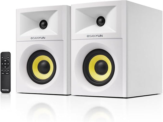 Sanyun SW205 4" Bookshelf Speakers | Immersive HiFi Audio with Virtual Surround | Flagship DAC/DSP Engine | Geometric Diffusion Cabinet | 80W, Bluetooth 5.4/Optical/AUX Inputs, Wireless Remote, White
