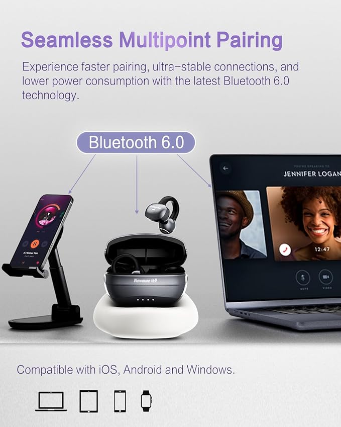 A50 Clip on Earbuds, Bluetooth 6.0 Wireless Open Ear Headphones w/5.3g Weightless Comfort,48H Playtime,3D Soundstage,Clear Call Mics,IPX5,Multipoint Connection,Fit for Workout Running Black