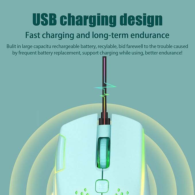 VEGCOO Wireless Gaming Mouse, C30 Silent Click Wireless Rechargeable Gaming Mouse with Double-Click Key and Colorful LED Lights, 3 Level Adjustable DPI for Gaming and Working (Blue)