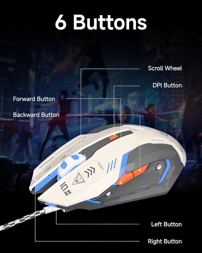 EWEADN G10 Wired Gaming Mouse, Computer Mouse with RGB Backlit, 3200 DPI Adjustable, Quiet Clicks, Ergonomic Mouses with 6 Buttons and 4.2FT Cord, USB Wired Mouse for PC/Win/Laptop, Gray-White