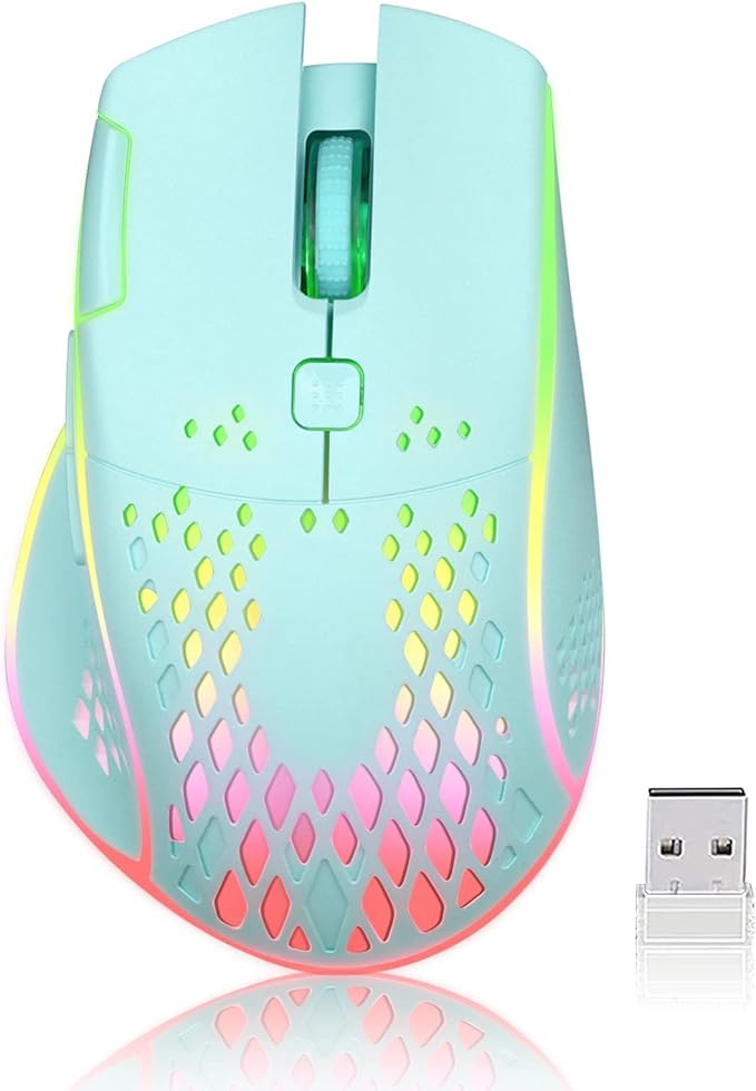 VEGCOO Wireless Gaming Mouse, C30 Silent Click Wireless Rechargeable Gaming Mouse with Double-Click Key and Colorful LED Lights, 3 Level Adjustable DPI for Gaming and Working (Blue)