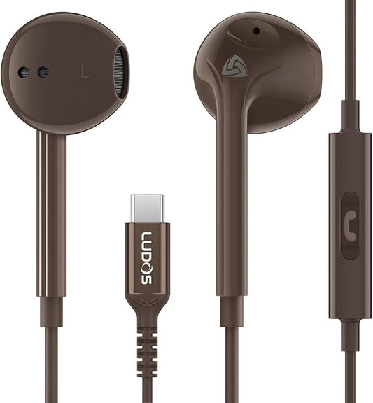 LUDOS Zenith USB C Headphones for iPhone 17 16 15 Pro Max Plus Air iPad Pro Air, 2 Years Warranty, USB-C Earbuds for Galaxy S24 S23 Ultra S22 S21 S20 A55 A54 A53, USB Type C Earphones - Brown