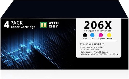 206X Toner Cartridge High Yield 4 Pack with Chip Compatible HP206X 206A W2110X W2111X W2112X W2113X Replacement for HP Color Laser Jet Pro MFP M283fdw M255dw M283fdn M255nw M282nw Printer (BK/C/M/Y)