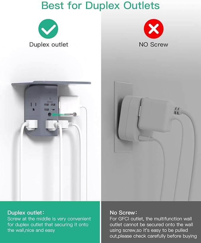 Wall Outlet Extender with Shelf and Night Light,Surge Protector,USB Wall Charger with 5 AC Outlets and 3 USB A Ports 1 USB C Outlet Wide Space 3-Sided Power Strip Multi Plug Outlets, Gray