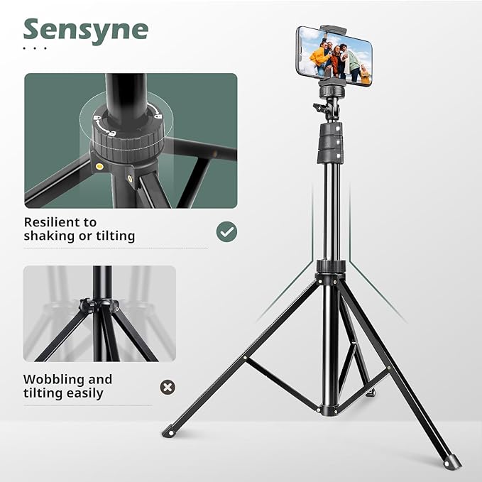 SENSYNE 72" Phone Tripod, Extendable Cell Phone Tripod Stand, Selfie Stick with Wireless Remote and Phone Holder, Compatible with iPhone Android Phone, Camera