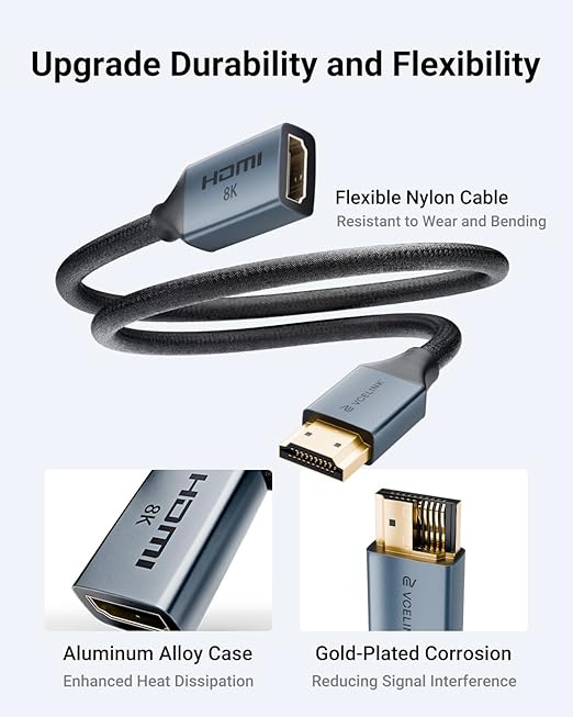 VCELINK 8K Short HDMI Extender Cable 0.6 FT Ideal for Tight Spaces, HDMI Extension Male to Female Adapter, Compatible with Roku TV Stick, HDTV, Game Console, Laptop (1 Pack, 2 FT)