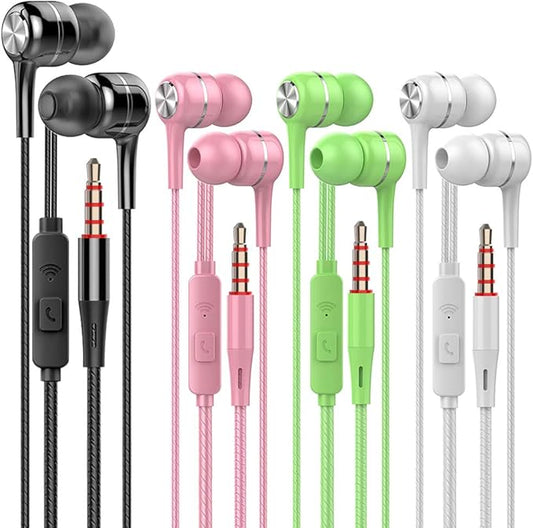 4 Pakcs Wired Earbuds with Microphone, in-Ear Earphones for School, Deep Bass Clear Sound, Noise Isolating, Fits 3.5mm Jack iPhone iPad Samsung Google Devices (Black White Pink Green)