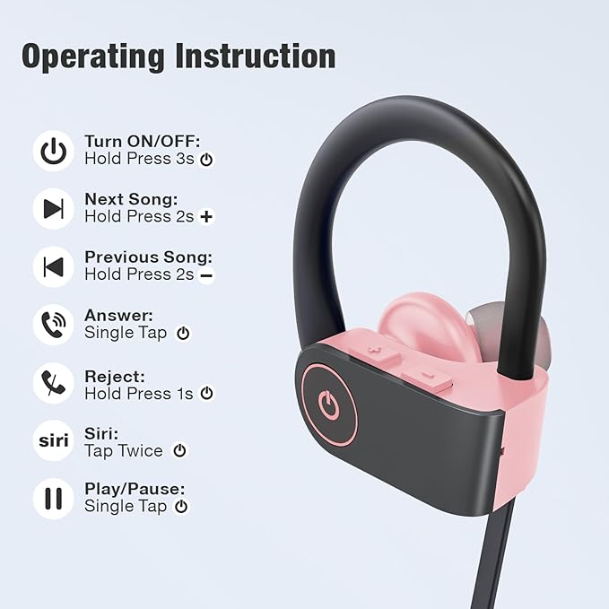 JOYWISE Bluetooth Headphones, Wireless Headphones 16H Playtime Wireless Earbuds with Mic Stereo in-Ear Earphones, IPX7 Waterproof Sports Ear Buds Sound Isolation Headsets for Running, Workout Pink
