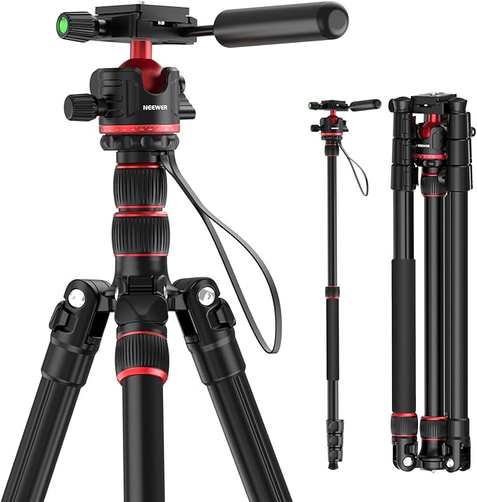 NEEWER Basics Camera Tripod Monopod, 77" Compact Lightweight Travel DSLR Video Stand, 360° Ball Head, Arca Type QR Plate, Reversible Legs & Inverted Central Axis, 13lb Max Load, TP08