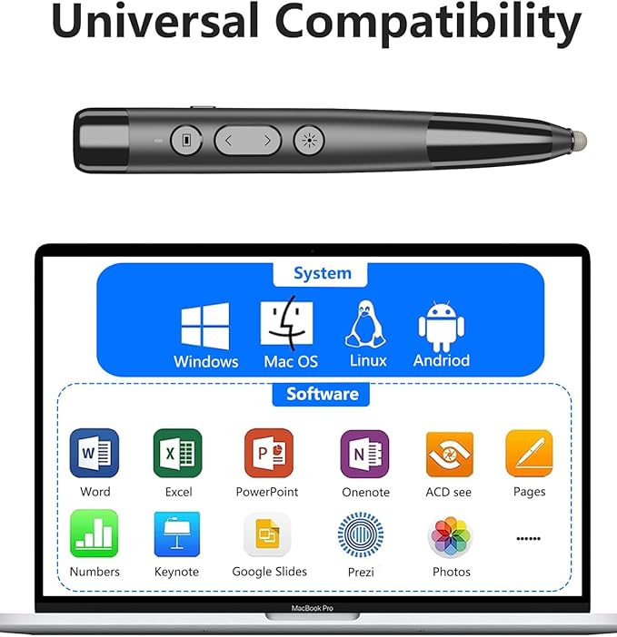Clicker for PowerPoint Presentations, Wireless Presenter Remote with Stylus Pen & Telescopic Pointer | Hyperlink, Volume Control | Rechargeable USB for PC, Mac