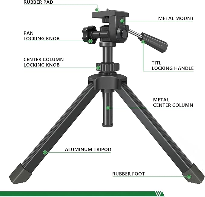 Compact Tabletop Tripod for Spotting Scope Monocular Camera Projector, Adjustable Tripod Stand with 1/4-20 Threads