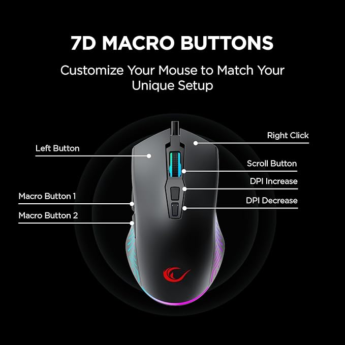 Rampage Spear V2 Black Wired Gaming Mouse with RGB Lighting – 12800 DPI, 7 Programmable Buttons, Lightweight Ergonomic Gaming Mouse for PC/Mac/Laptop Gamers